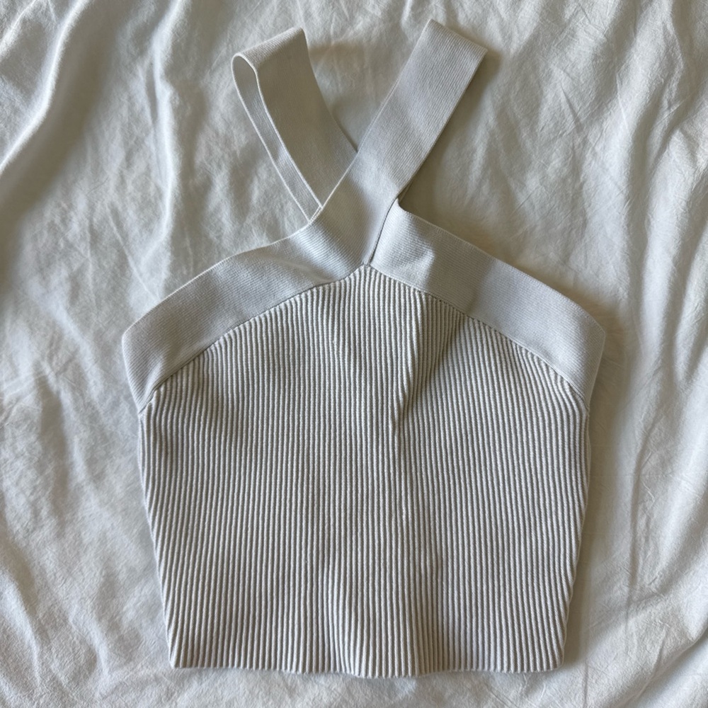 Babaton Cream Ribbed Cross-Strap Crop Top